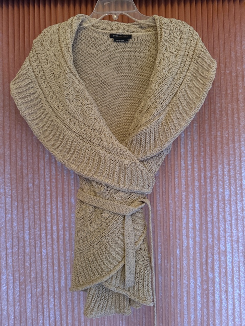 BCBG Maxazria Beige Knit Shawl Collar Belted Sweater